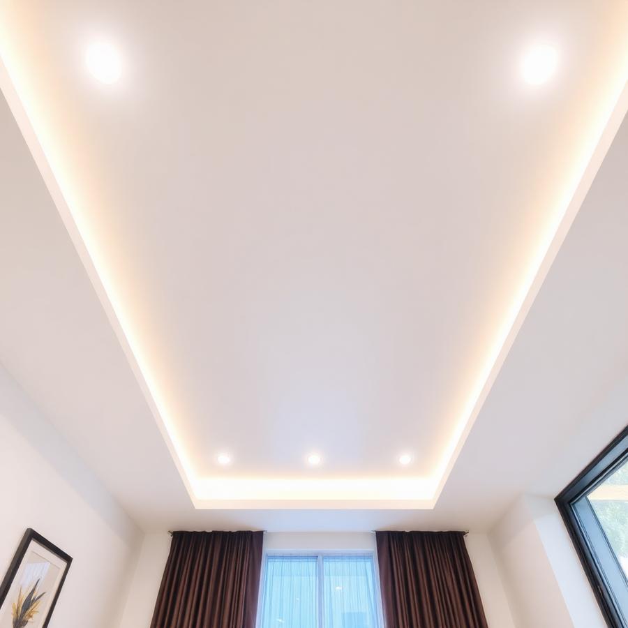 Panelled ceiling with concealed cove lighting in a modern room